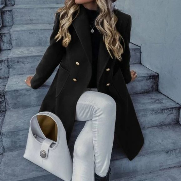 MODA ME COUTURE Jackets & Blazers - Black Double Breasted Lapel Collar Button Up pocketed Overcoat